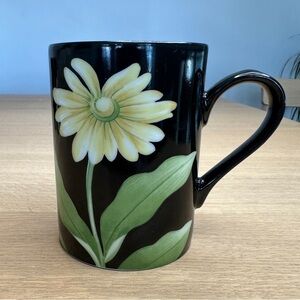 VINTAGE 1978 FITZ & FLOYD MUG BLACK WITH YELLOW DAISY FLOWER  FLEURS de MINUIT